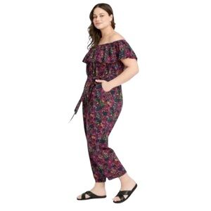 Ava & Viv Linen Bright Floral Print Ruffle Off Shoulder Neckline Belted Jumpsuit